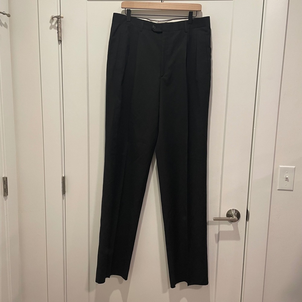 Manzini Mens Black Super 120s Wool Pleated Dress Pants Made in Italy Size 34x37